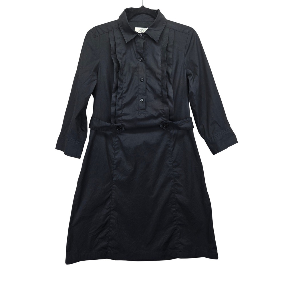 Ann Taylor Loft Black Tuxedo Pleat Shirtdress Button Front Size 8 Office‎ FLAW